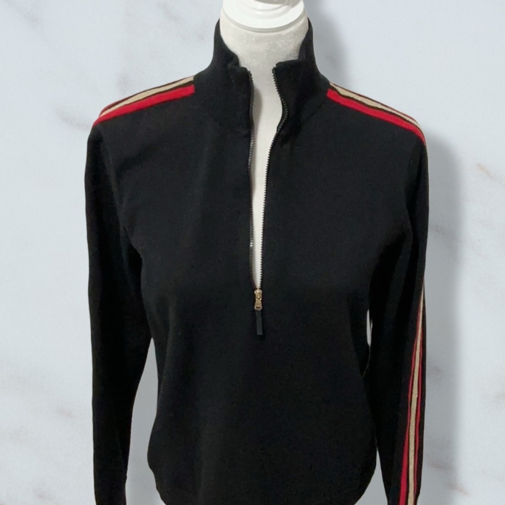 NWT LAUREN ACTIVE RALPH LAUREN Black Knit Golf Top Red Gold Metallic Accents Lg - Picture 5 of 13